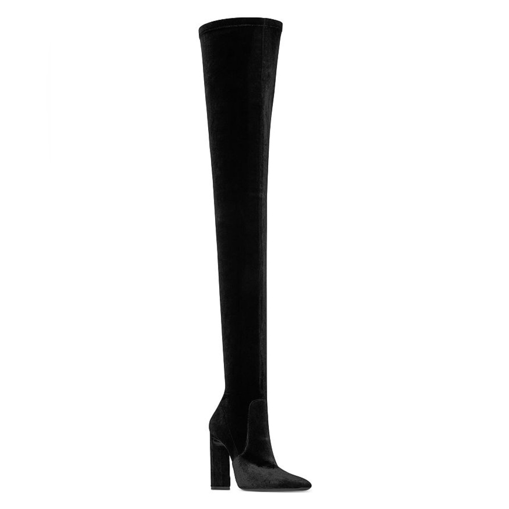 Stuart Weitzman Thigh High Black Velvet Heeled Boots, size 6.5